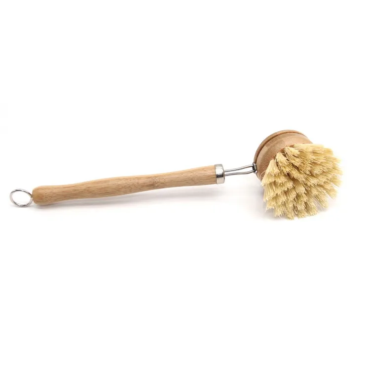 Kitchen Cleaning Brush Bamboo Long Handle Sisal Wash Pot Dishes Brush Can Replace Brush Head 23cm