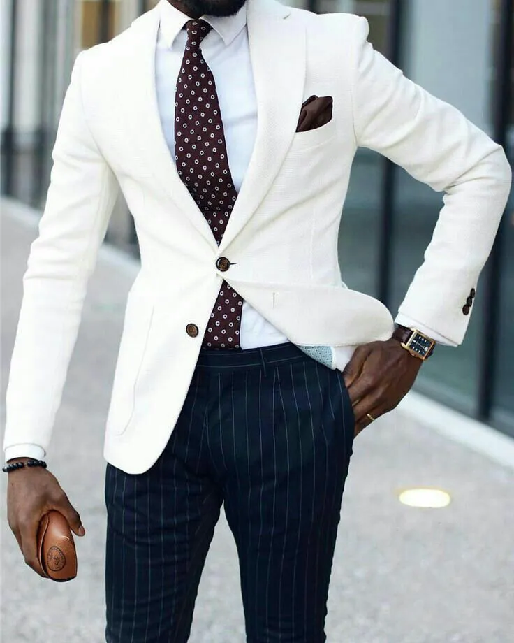 Ivory Men Suits Groom Wedding Tuxedos Stripe Pants Formal Business Suits Groomsmen Suits Man Blazer Bride 2Piece Costume Bridegroom Jacket