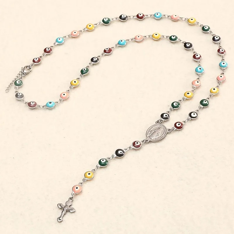 Rir Jesus Kristus korsar Evil Eye Bead Katolska religiösa radband Långt Crucifixes Halsband Rostfritt stål Män kvinnor9429326