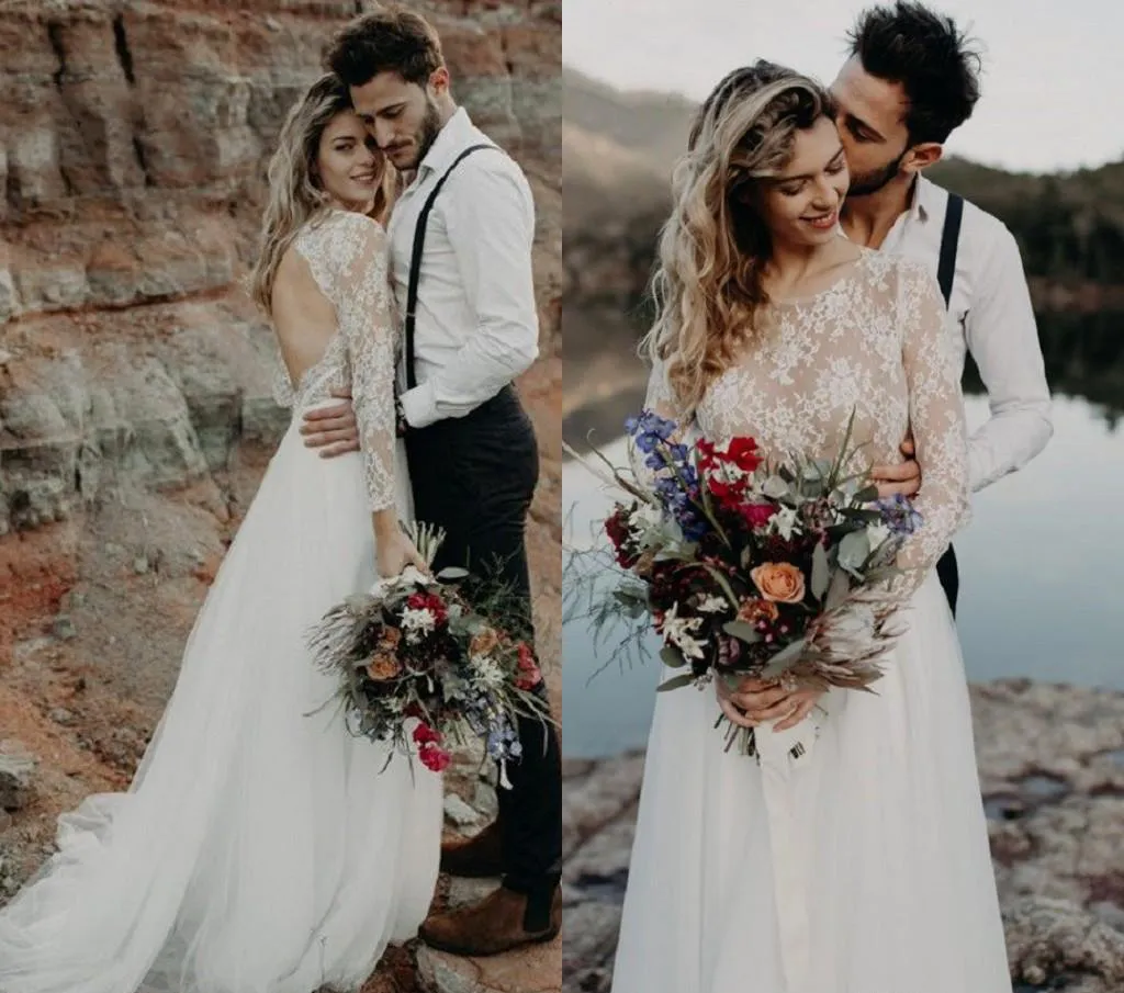 Dubaj Arabia Arabia Boho Długie Rękawy Suknie Ślubne Linia Backless Aplikacje Plaża Kraj Ogród Ogród Formalna Bride Bridal Suknie Plus Rozmiar