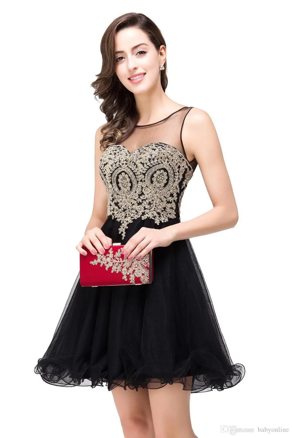 gold short sparkly dress Black lace applique short prom dress, black homecoming dress – shdress