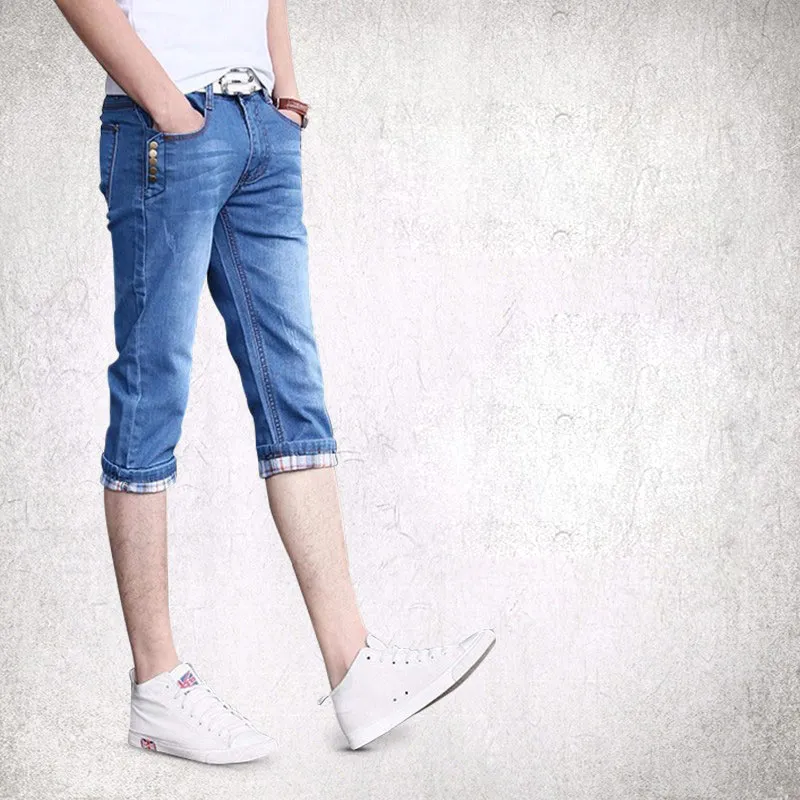 Nuevo Verano 2020 Moda Para Adolescentes Pantalones Vaqueros Recortados Para Hombres Pantalones Cortos De Mezclilla Ajustadas Coreanas Pantalones Capric Elasticos Pantalones Vaqueros Finos Para Hombre...