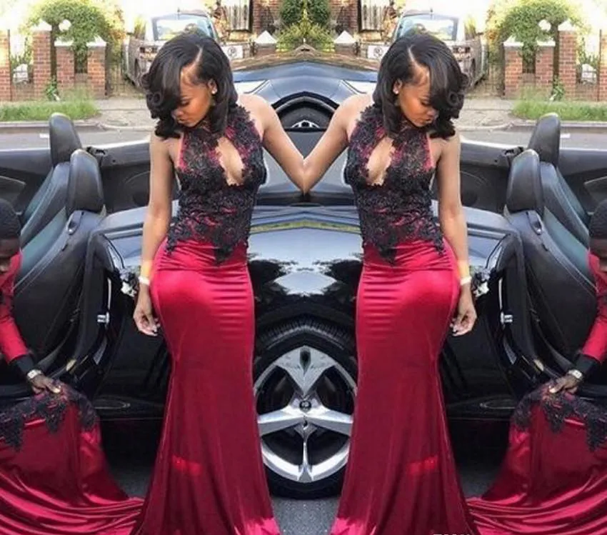 South Black Mermaid burgundy prom dresses long with High Neck Applique for Pageants, Graduations, and Evening Parties - Plus Size Available