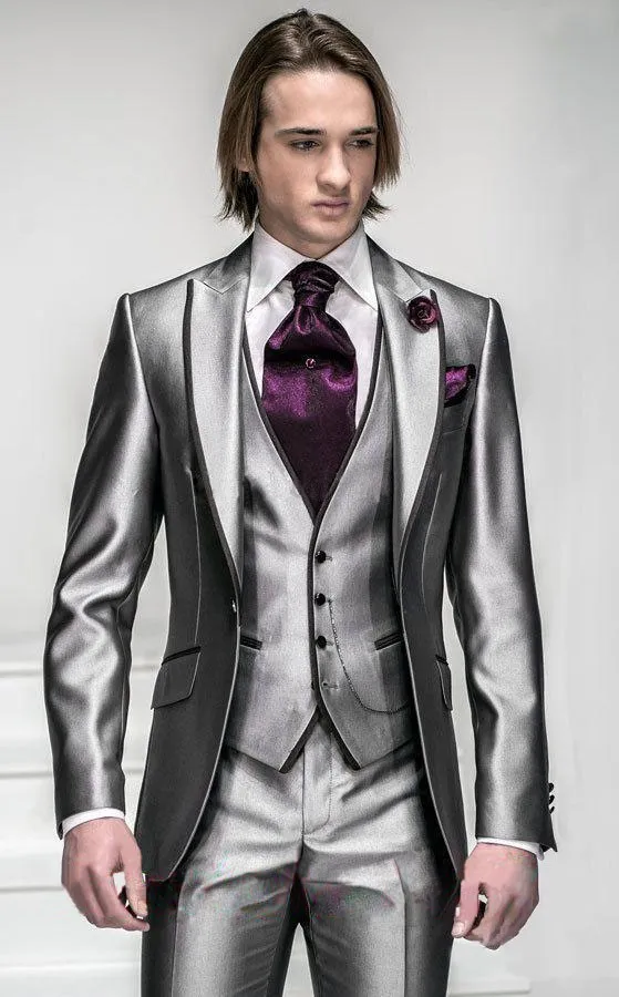 패션 실버 회색 신랑 턱시도 피크 옷깃 Groomsmen 망 웨딩 드레스 잘 생긴 남자 재킷 블레 이저 3 피스 양복 (자켓 + 바지 + 조끼 + 넥타이) 915