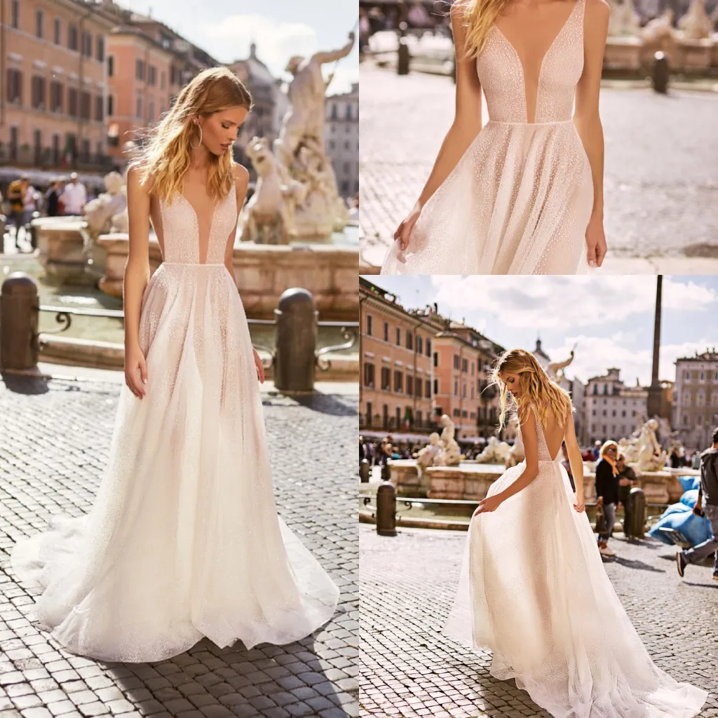 Simple Beach Wedding Dresses Berta Lace Glitter A Line Deep V Neck