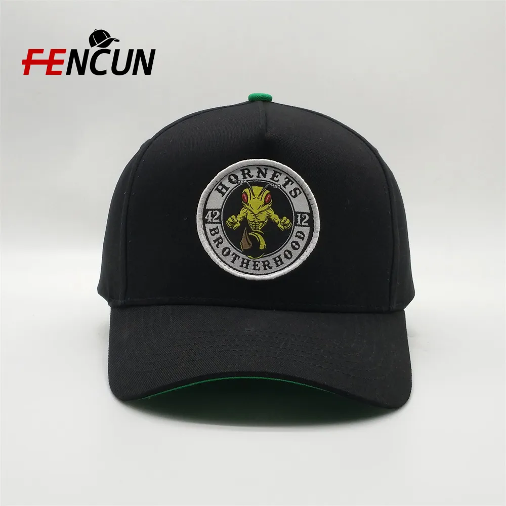 China Make Custom 5 Panel Cotton Green Underbrim Black Baseball Caps,Woven Patch Dad Hats,Plastic Snap Back Dad Cap