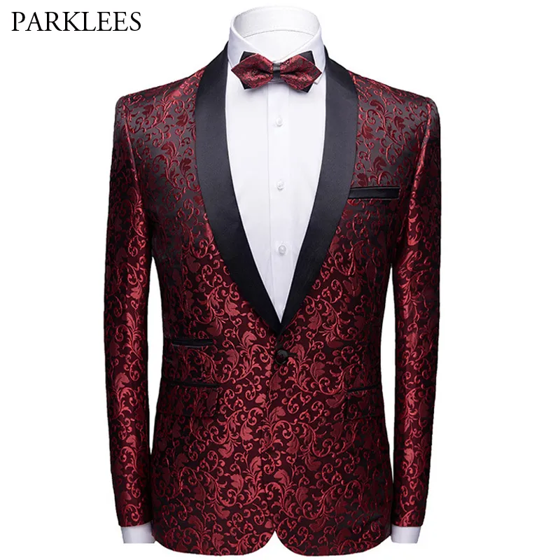 Floral Jacquard Men Blazer Slim Fit Shawl Collar Mens Suit Jacket New Single Button Men Tuxedo Wedding Party Blazer