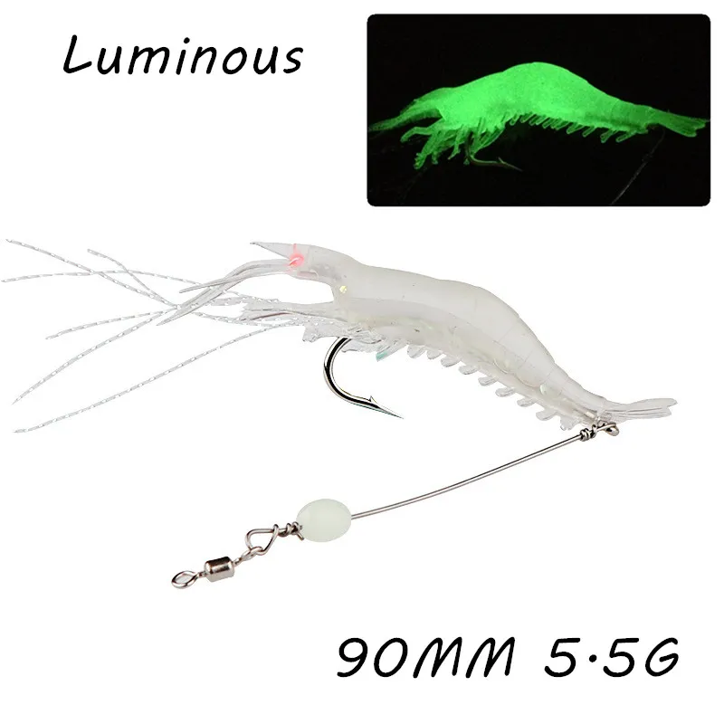 10pcs/lot 90mm 5.5g Luminous Shrimp Soft Baits & Lures Fishing Hooks Single Hook Pesca Tackle Accessories WA_514