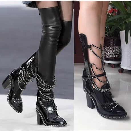 New Luxury Chain Cross Stretch Black Leather Thigh High Boots Block Heels Platform Runway Shoes Women Removable Shaft Ankle/ Long Booties Plus Size 35-43 Botas Mujer