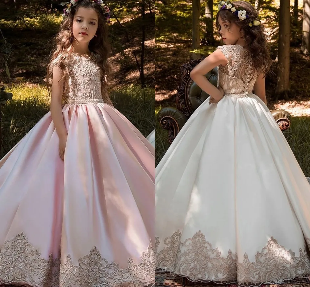 Elegant Satin A Line Little Girls Pageant Dresses 2020 Lace Appliqued