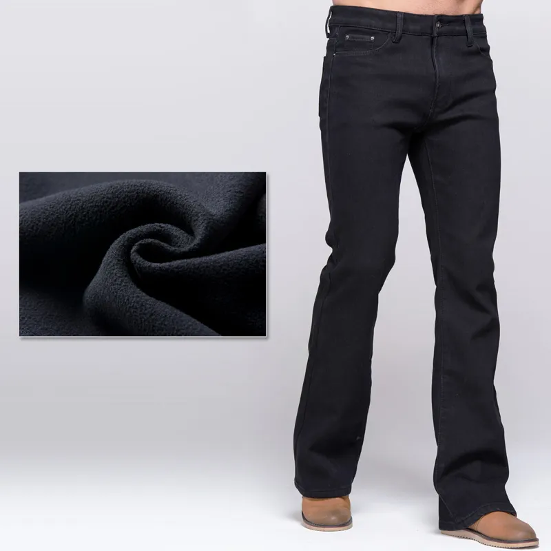 GRG hommes hiver coupe botte jean épaissir chaud Stretch Denim noir jean mince légèrement évasé pantalon polaire