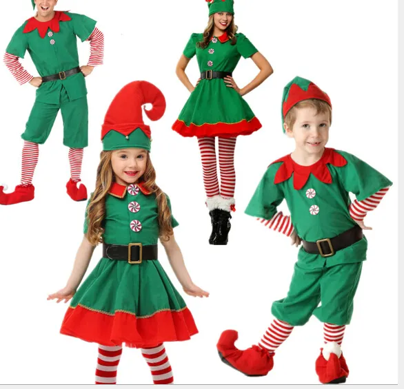 Costume de noël costume de lutin pour enfants cosplay festival parent-enfant adulte hommes et femmes costume de noël vert