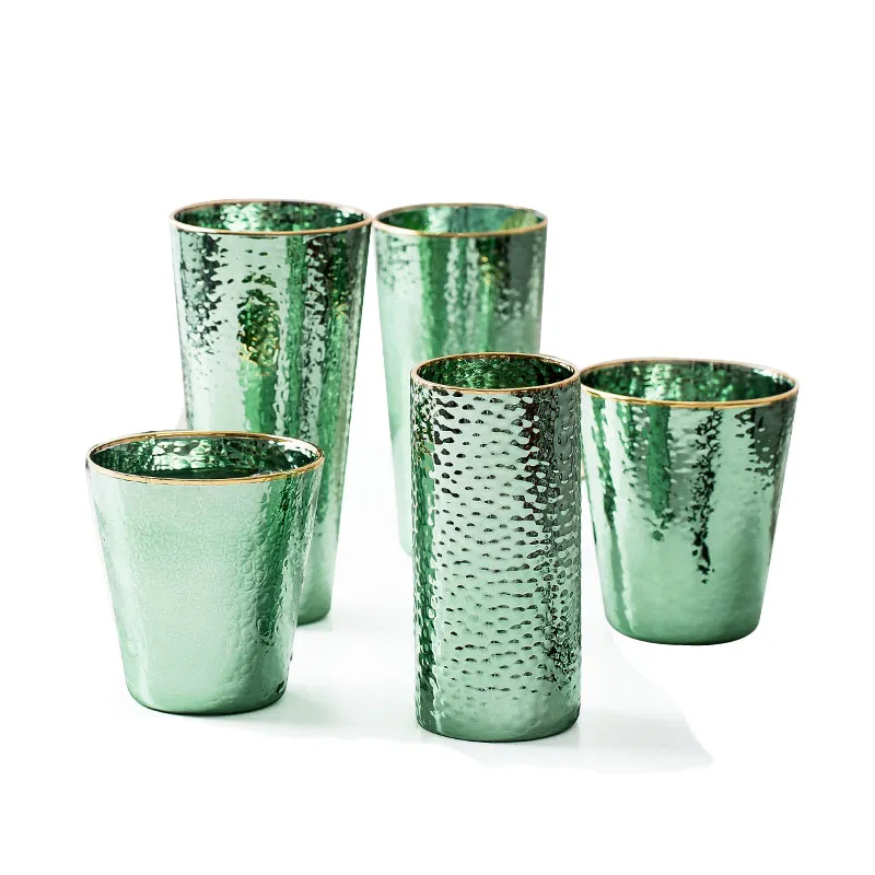 Vintage smaragdgrön glasglas med guldkant Kreativt japanskt hamrat mönster Dricksglas Hem Hotell Restaurang Bar