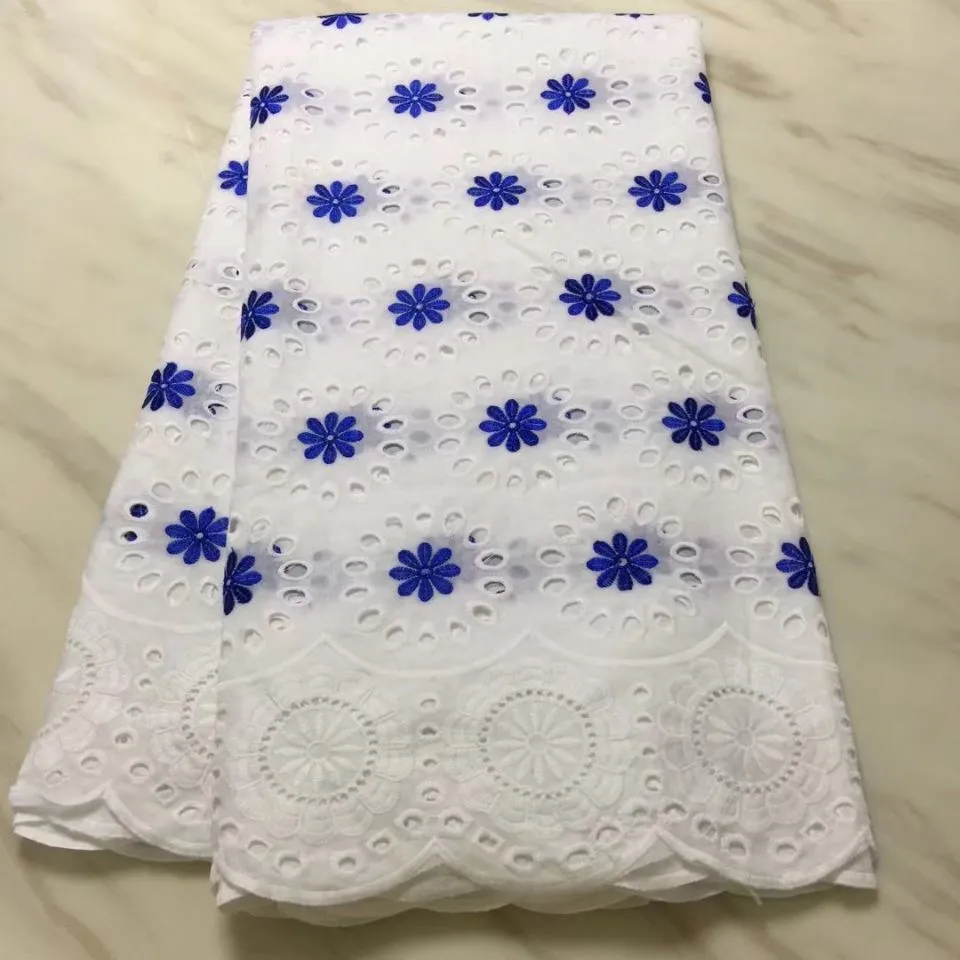 5Yards offre spéciale tissu de coton africain blanc avec fleur bleu royal broderie de dentelle de voile suisse pour robe BC37-5