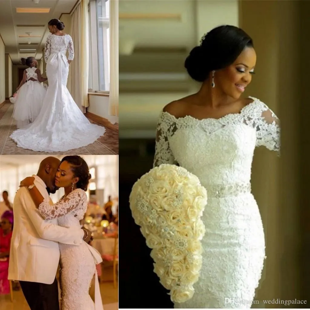 New Fashion African Nigerian Plus Size 3/4 Sleeve Lace Mermaid Wedding Dresses Appliques Beaded Dress Wedding Bridal Gowns Custom Made