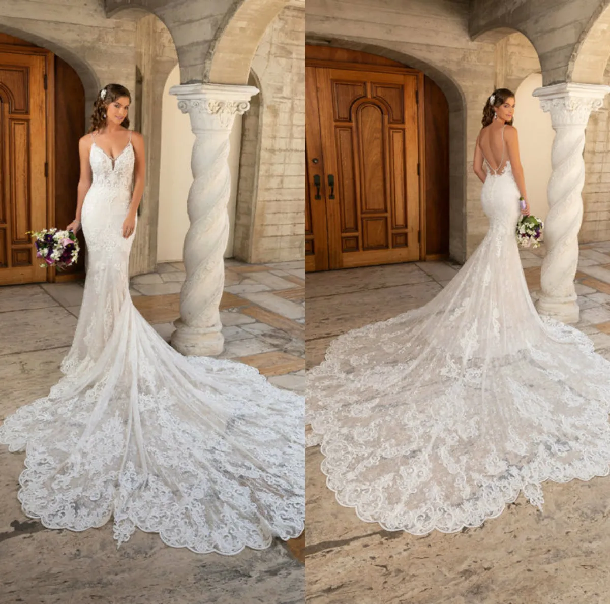 Kitty chen abiti da sposa a sirena spaghetti sweep train pizzo appliqued abito da sposa spiaggia abiti da sposa senza schienale su misura