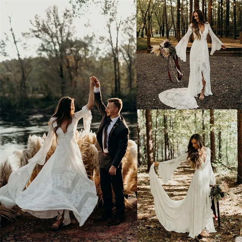 Boho una línea vestidos de novia alto cuello en V manga larga apliques Lade vestido de novia acanalado tren de barrido vestidos de playa baratos