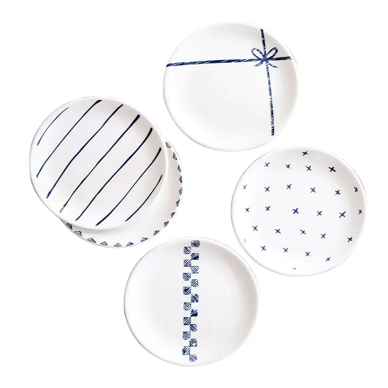 Platos de cena de porcelana Azul Nórdico, plato cupé de cerámica redondo de 8 pulgadas para carne, postre, fruta, almuerzo, ensalada, aperitivo, 5 patrones