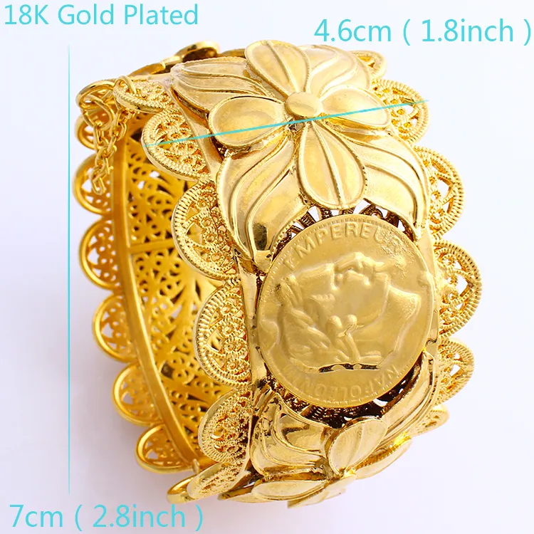 70mm Ethiopian Coin Fashion Big Wide Bangle CARVE 22K THAI BAHT SOLID Gold GF Dubai Copper Jewelry Eritrea Bracelet Accessories