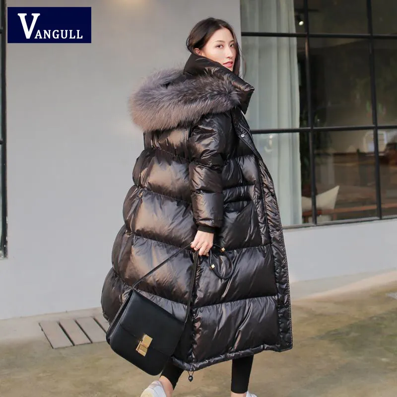 Vangull Black Glossy Women Winter Jacket Big Fur Collar Winter Coat Women Long Down Parka Lady Hooded Parkas Warm Cotton Jackets V191029