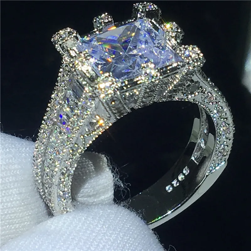 Vintage Court Jewelry Anello in argento sterling 925 Anelli a fascia per fidanzamento con diamanti taglio principessa per donna Regalo uomo