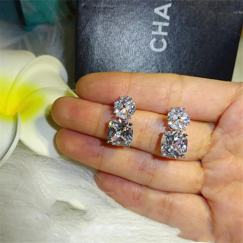 Nova chegada nupcial brinco pendente jóias de luxo 925 prata esterlina forma almofada branco topázio cz diamante pedras preciosas mulheres brinco presente