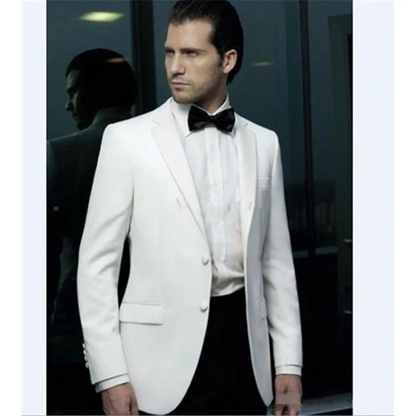 Nowe popularne przystojne Dwa przyciski Ivory Wedding Groom Tuxedos Notch Lapel Groomsmen Men Suits Prom Blazer (kurtka+spodnie+krawat) 249