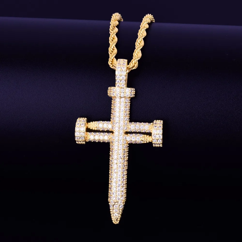 Męski kształt paznokci Krzyż naszyjnik z łańcuchem linowym Cyrkonia Hip Hop Street Rock Jewelry