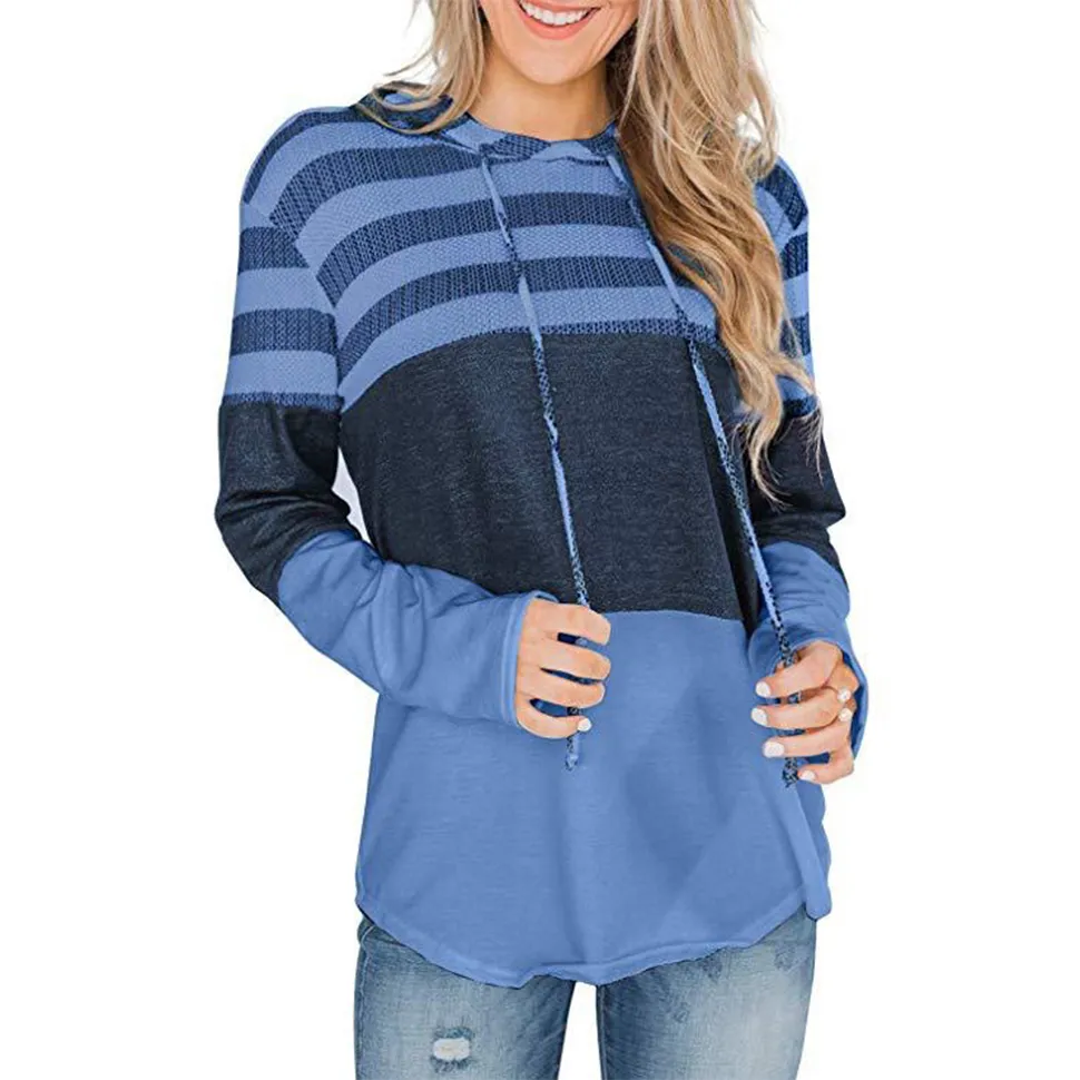 Sudaderas con capucha para mujer, sudaderas con capucha de punto de bloque de Color de manga larga, sudaderas a rayas, túnica informal, pulóver, Tops de talla grande