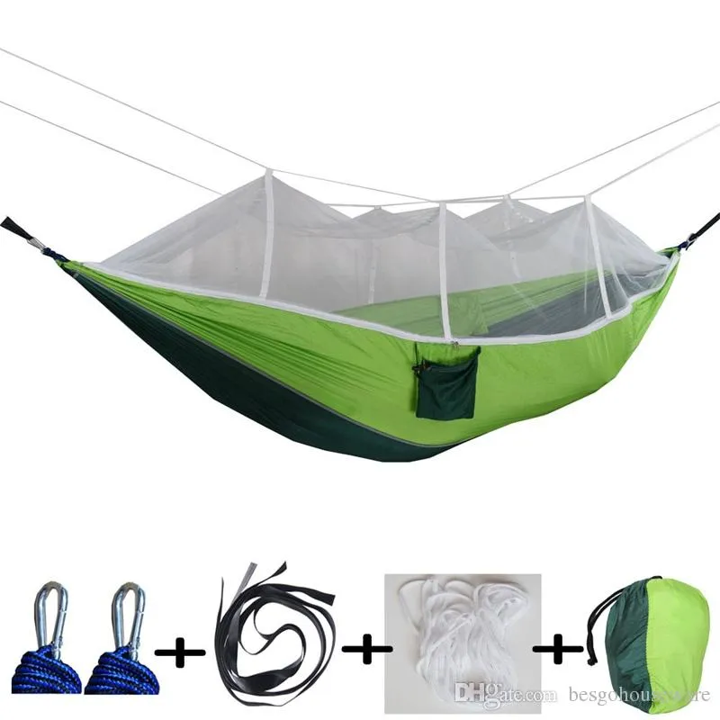 12 Farben 260 * 140 cm Hängematte mit Moskitonetz im Freien Fallschirm Hängematte Feld Camping Zelt Garten Camping Schaukel hängen Bett BH1746 TQQ