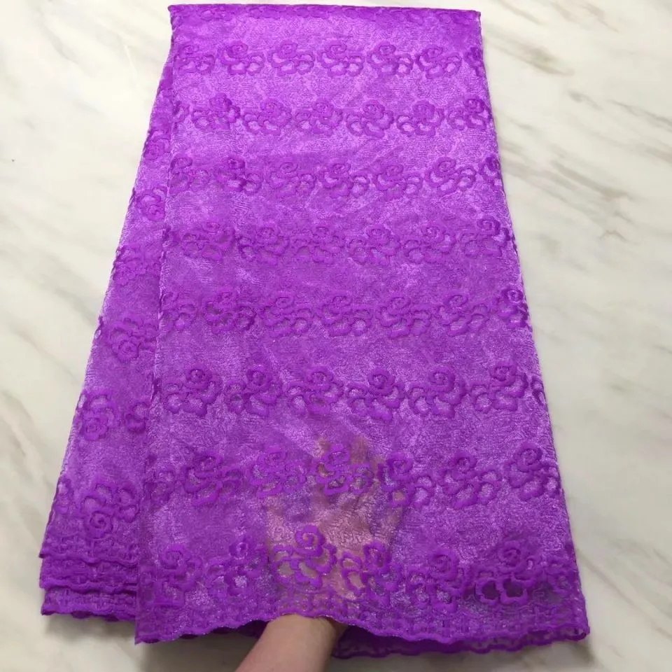 5 Metros / pc Bela flor roxa francês net lace bordado tecido de renda de malha africano para o vestido BN117-3