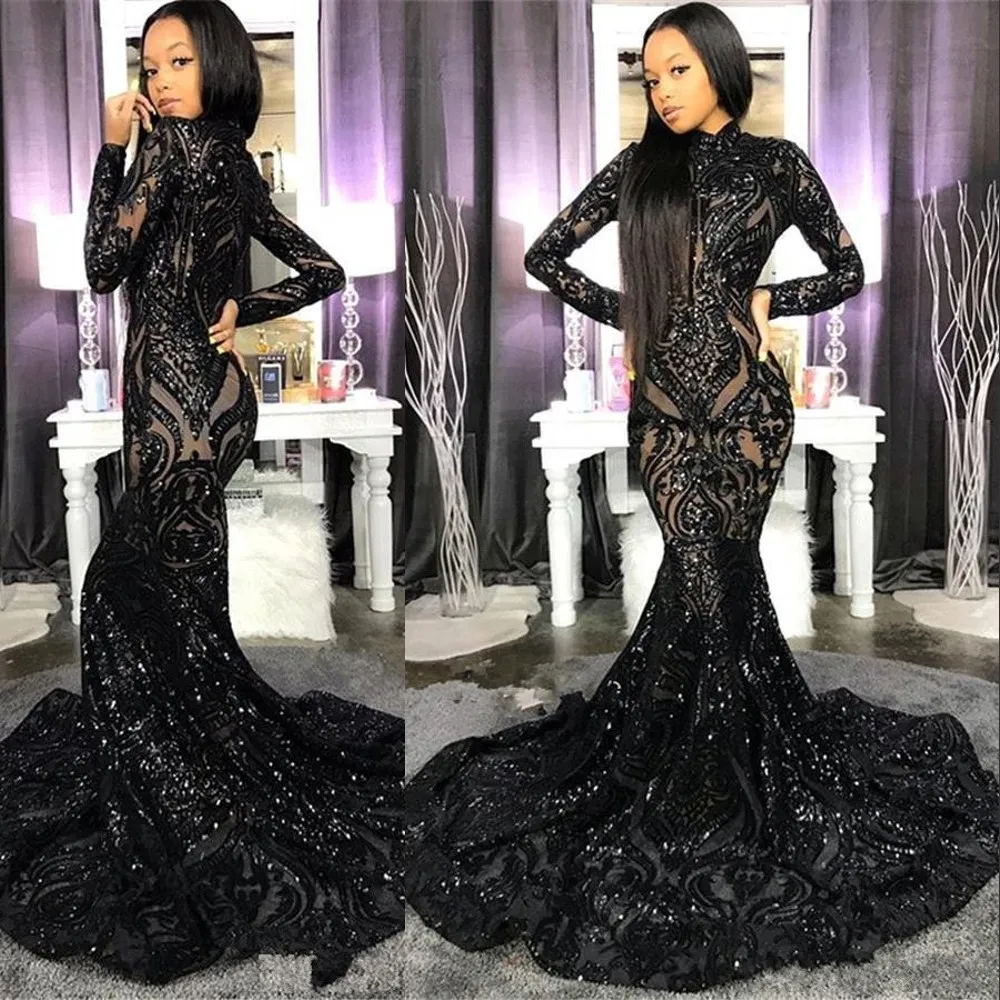 NEU Billig sexy Bling Schwarz Pailletten Abschlussball hoher Nacken Langhülle Paillettenspitzen Meerjungfrau Sweep Zug Abendkleider tragen Partykleider 403