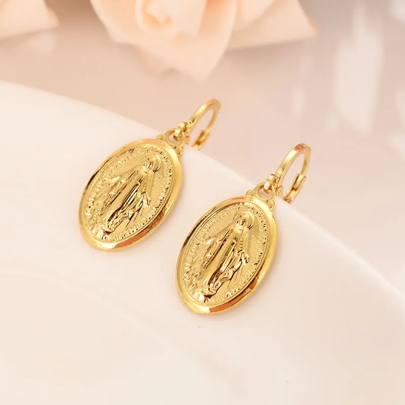 Mother Virgin Mary Necklace Earrings Set Yellow Solid Fine Gold GF Catholic Religious Country Set Gift For Women