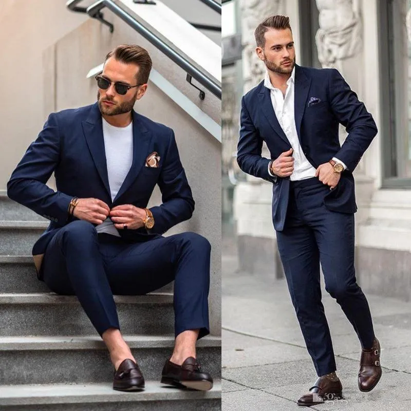 Navy Blue Casual Wedding Mens Suits Slim Fit Bridegom Tuxedos For Men 2 Pieces Groomsmen Suit Formal Business Jacket Pant