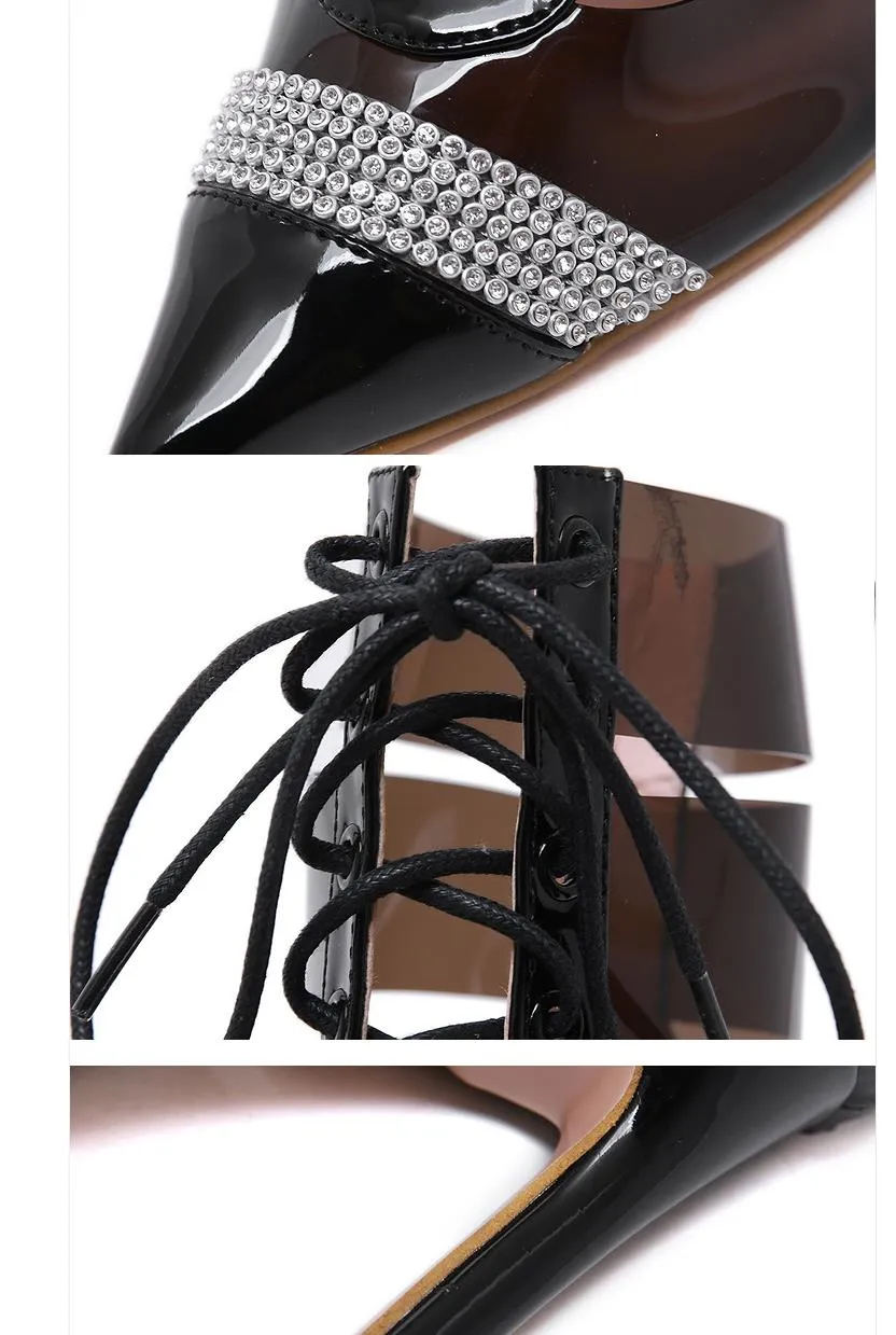 New pointed lace up rhinestone transparent PVC patchwork pumps luxury designer high heel