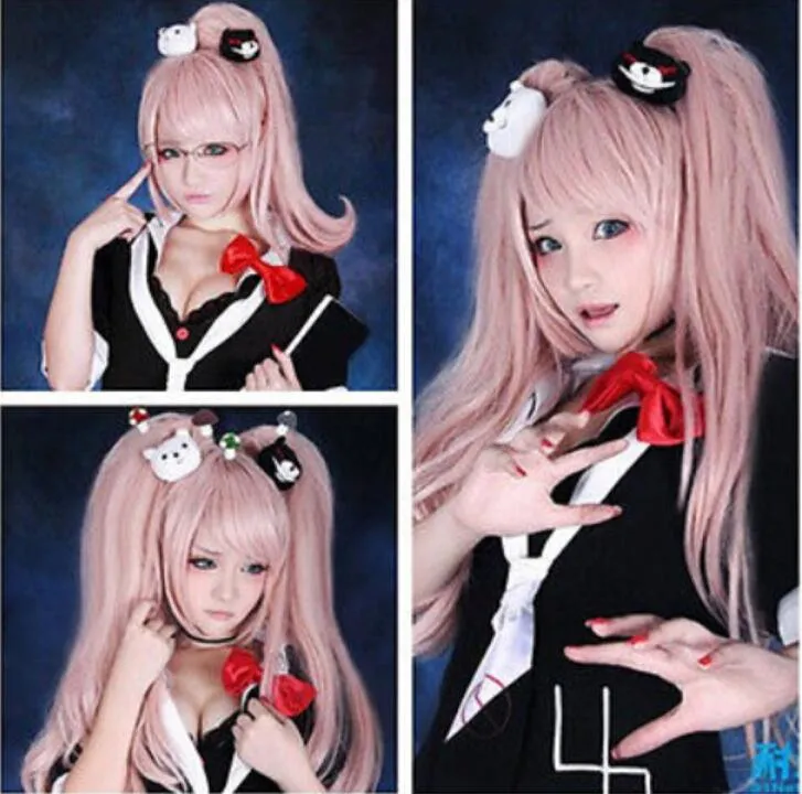 Peruca frete grátis 65 cm Anime Super Danganronpa 2 Junko Enoshima longo rosa peruca cosplay rabos de cavalo