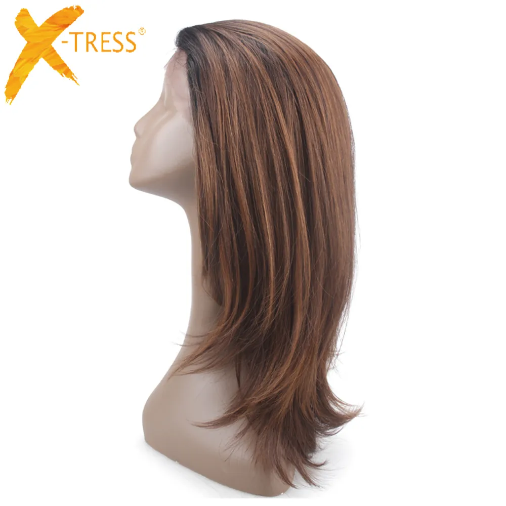 Perruque de cheveux synthetiques moyen brun devant la partie libre X-tress Ombre couleur perruque frontale de dentelle droite avec des cheveux de bb pour les femmes Y190717