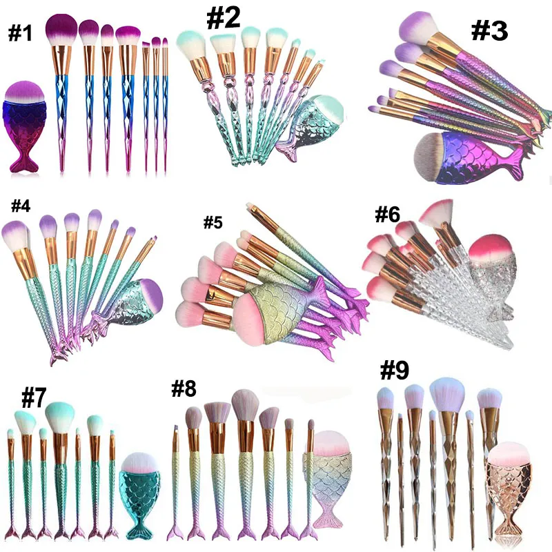 8pcs Makeup Brushes Set Mermaid Shaped Foundation Powder Eyeshadow Blusher Contour Brush Kit Tool DHL free