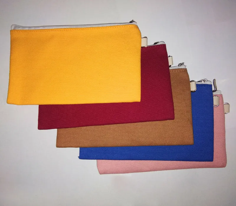 100PCS 19.5CMX11CM Yellow Purple Blue cotton canvas cosmetic bags with lining DIY women blank plain zipper phone clutch bag