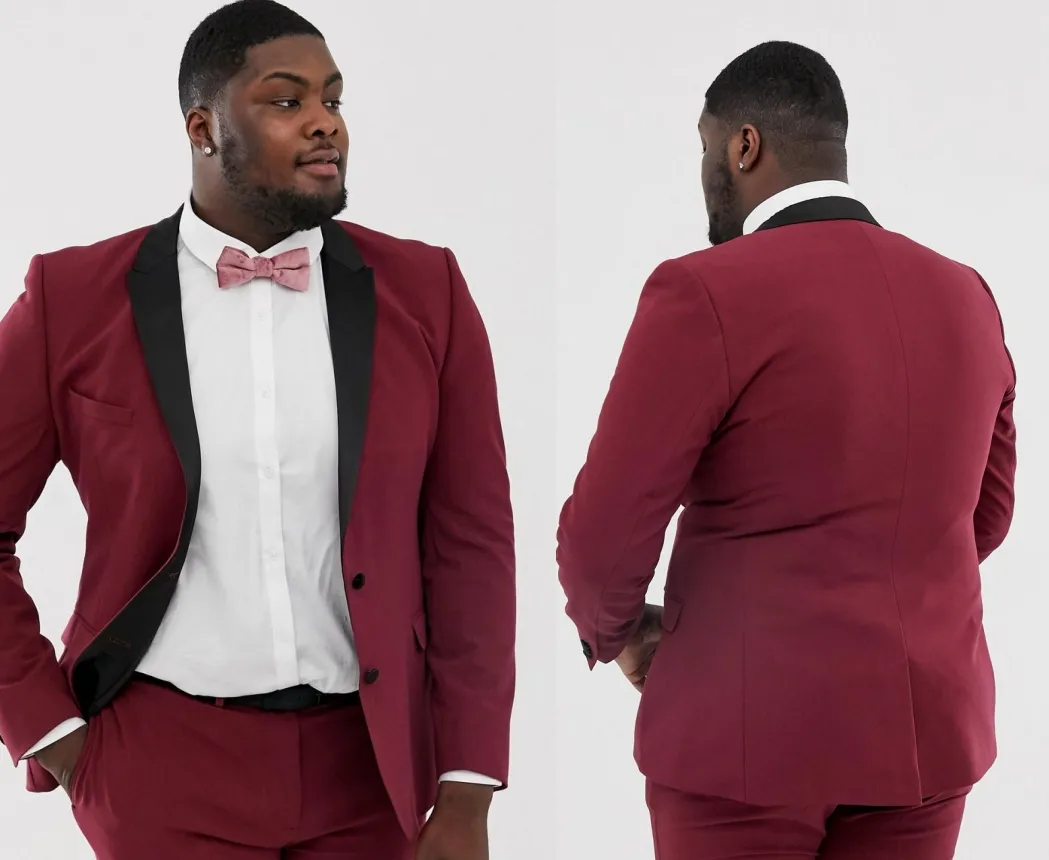 新しいThe Fat Fit Burgundy Men Suits Wedding Groom Tuxedos 2ピース（ジャケット+ズボン）花groommanスーツベストマンブレザー