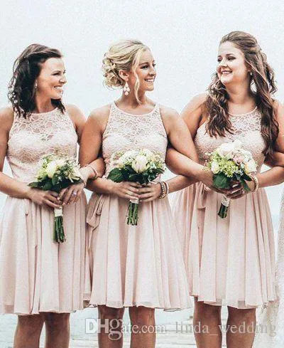 2019 Hot Summer Lace Chiffon Bridesmaid Dress Boho A Line Jewel Neck Short Wedding Guest Maid of Honor Gown Plus Size Custom Made