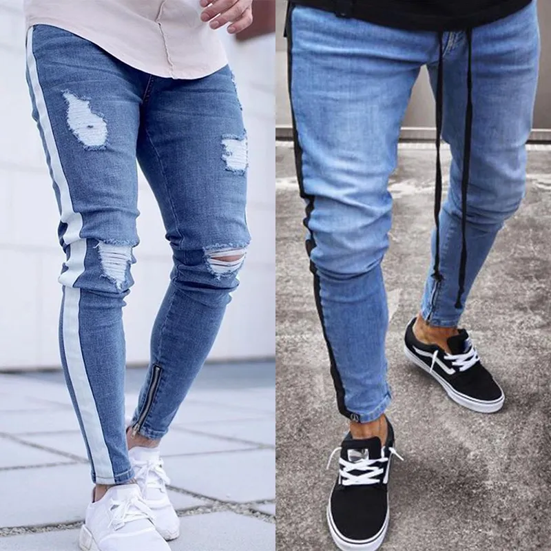 Mens New 2 Styles Striped Sport Jeans for Men Unique Design Slim Fit Denim Pants Male Freyed Hole Casual Trousers Homme