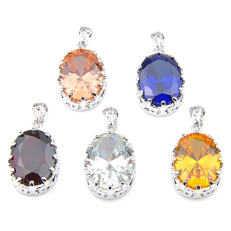 LuckyShine nouveauté Glary 5 pièces mélange de couleurs pour les femmes 925 argent ovale cubique zircone colliers pendentifs bijoux