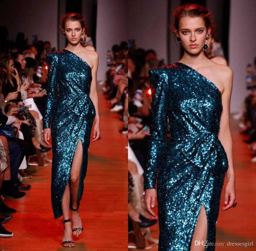 Elie Saab Paon Bleu Une Épaule À Manches Longues Gaine Robes De Bal Côté Fendu Robes De Soirée Paillettes Tenue De Soirée Formelle