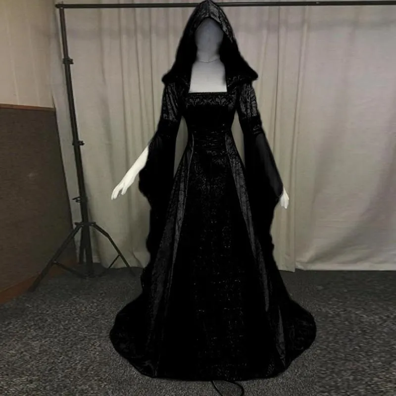 Kvinnor mode lång ärm huva medeltida klänning golvlängd cosplay mantel femme maxi klänningar kvinnor vestido #l20