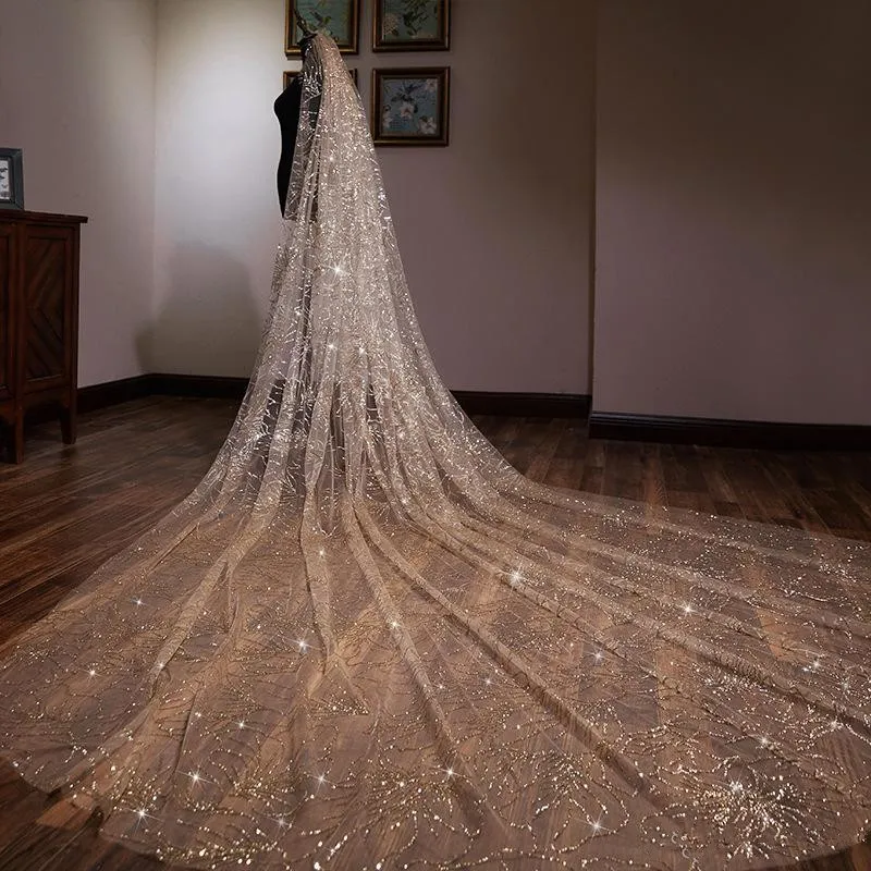 الفاخرة 2019 الشمبانيا الذهب 3 أمتار حجاب الزفاف الطويل الترتر الزفاف الحجاب طبقة واحدة قطع حافة تألق الحجاب مع مشط