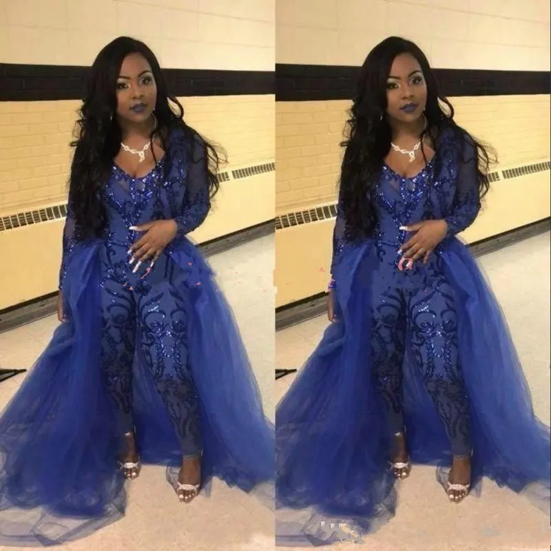 Trendy Jumpsuit Prom Dresses Pants Overskirt Long Sleeve Royal Blue Sequins Party Evening Gowns Robe De Soiree Celebrity Special Occasion