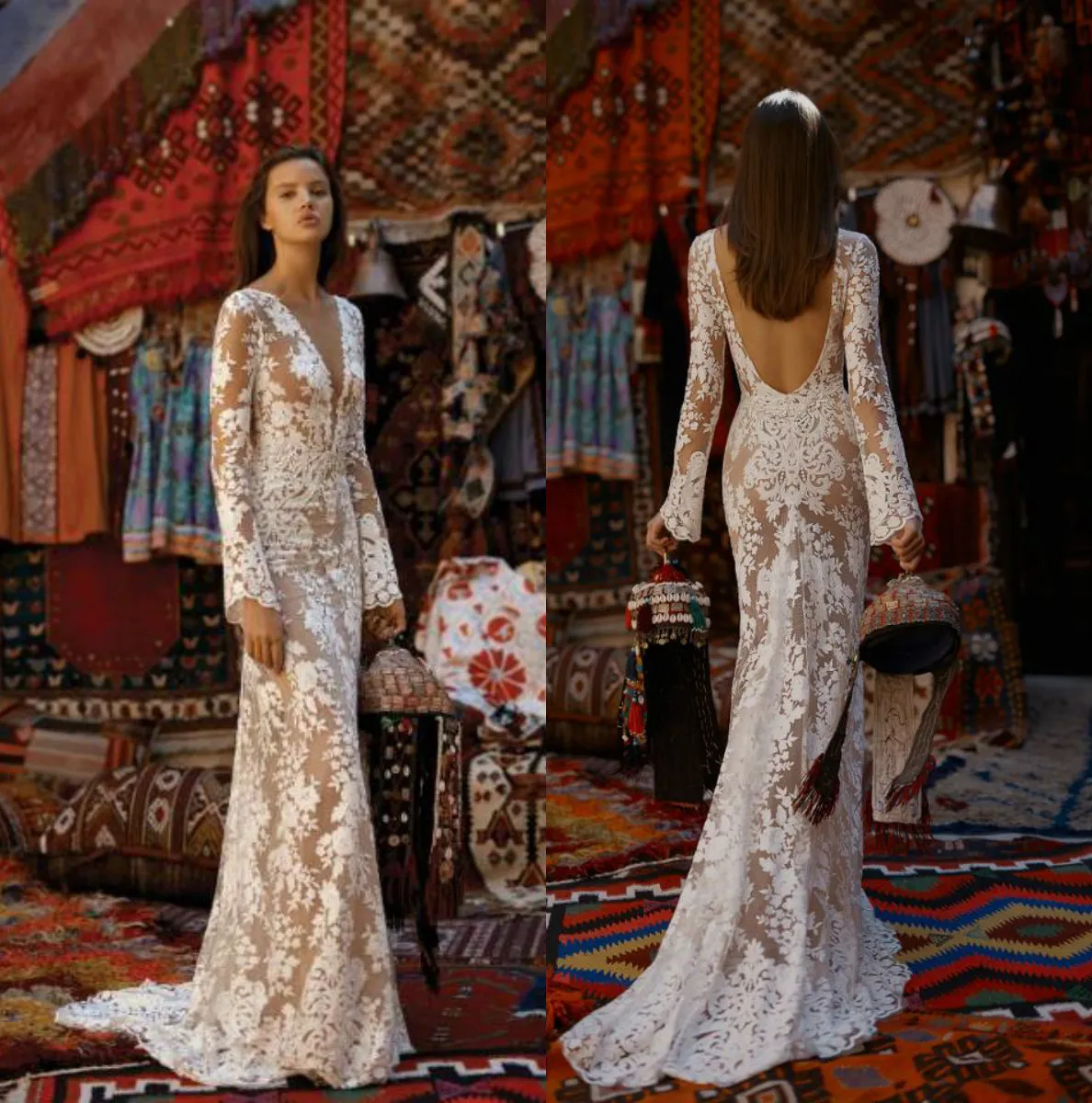 2019 Lizmartine Syrenki Suknie Ślubne V Neck Z Długim Rękawem Formalne Suknie Ślubne Illusion Lace Backless Wedding Dress Custom