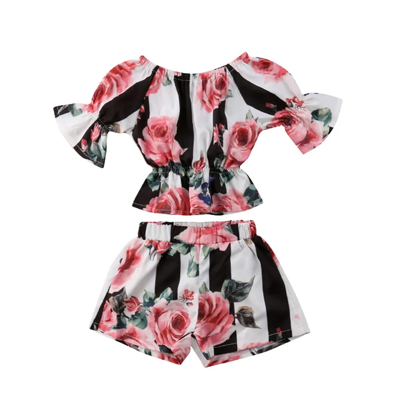 Baby girls outfits cotton children Stripe Floral top+shorts 2pcs/set 2019 Summer fashion Boutique kids Clothing Sets C6289