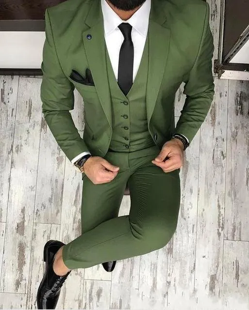 Högkvalitativ två knappar Olive Green Wedding Groom Tuxedos Notch Lapel Groomsmen Män Formell Prom Passar (Jacka + Byxor + Vest + Tie) W116